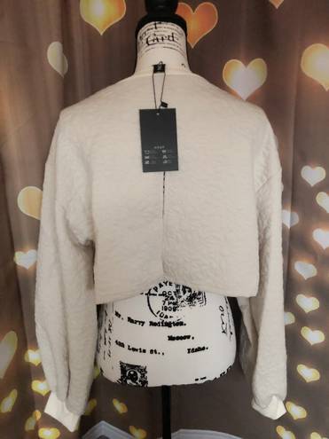 Only Sweatshirt sweater crop floral cream beige bow tie lace up lantern sleeve slit