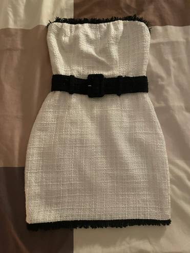 Meshki White Belted Tweed Dress