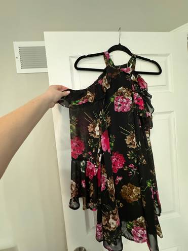 Umgee Black Pink Floral Cold Shoulder Dress