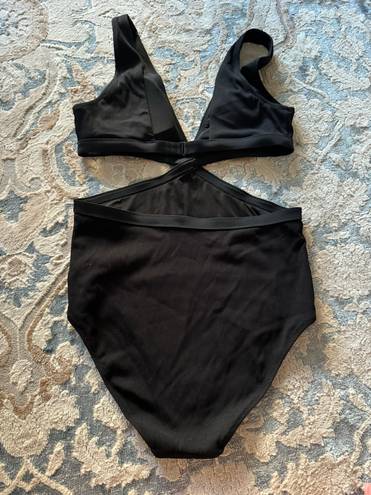 Aerie Ribbed Mix Crossover Cut Out One Piece Swimsuit L Long Black