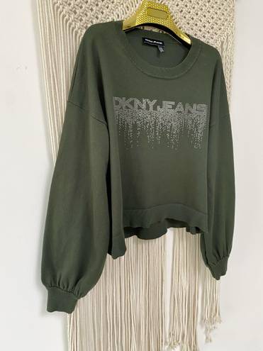 DKNY Y2K  Olive green Long Puff-Sleeve with Rhinestone pullover Sweatshirt Sweater