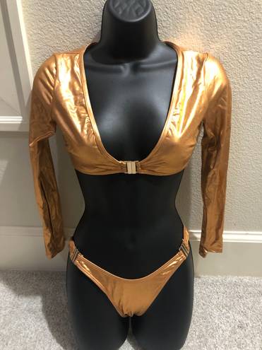 Poster Girl NEW Long Sleeve Metallic Gold Bikini Set