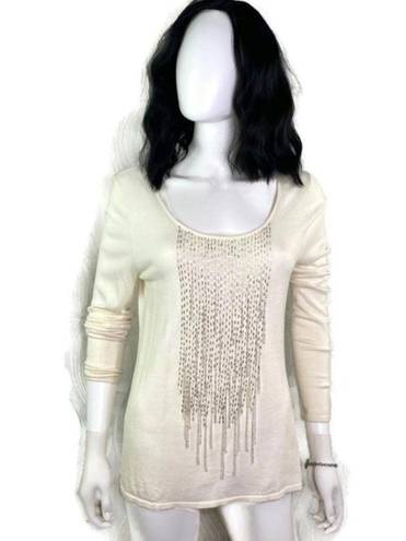 Natori Josie  Beaded Sequin Blouse Fringe Knit Top Long Sleeve‎ Women's Size M