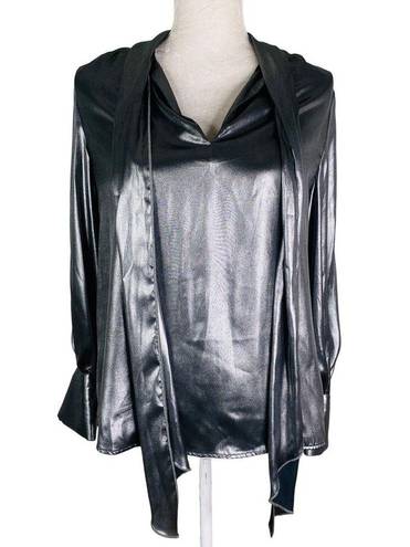 Who What Wear  Tie Neck Blouse M Gunmetal Silver Futuristic New