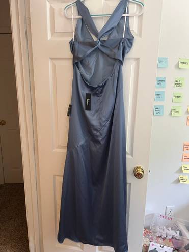 Lulus Pure Elegant Slate Blue Satin Twist Back Maxi Dress