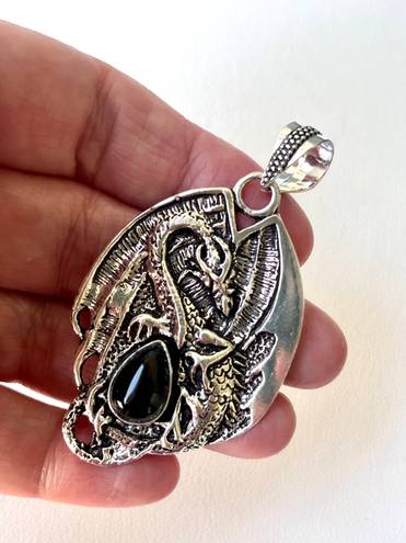 Onyx Dragon Natural Black  Sterling Silver 2.4” Pendant