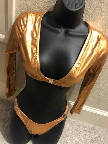 Poster Girl NEW Long Sleeve Metallic Gold Bikini Set