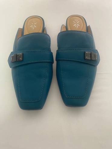 Nine West Women’s Square Toe Leather Buckle Mules Teal Blue Size 7M NWOT