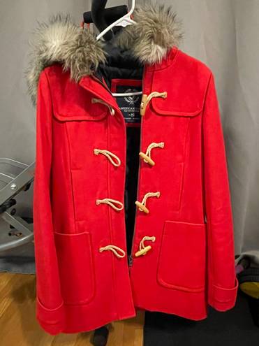 American Eagle Outfitters Red Coat with Faux Fur Hood (Like New Condition)