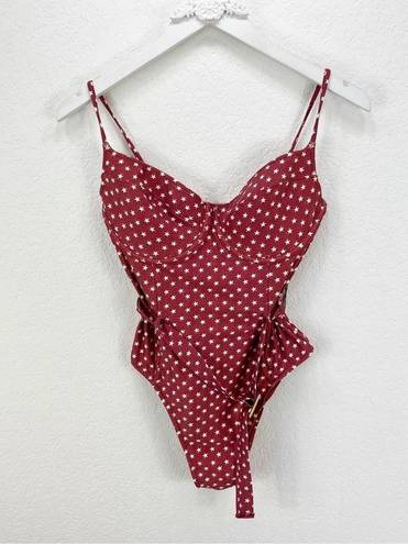 We Wore What  Danielle Star Print One Piece Swimsuit Retro Belted Red Large L NWT