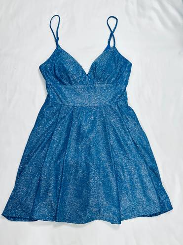 B Darlin Sparkly Glitter Blue Metallic Deep V Plunge Mini Homecoming Dress - 7/8