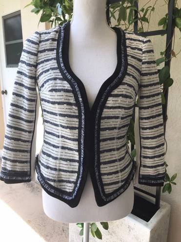 White House | Black Market   Embellished Striped Tweed Fringe Blazer Women's Size 2