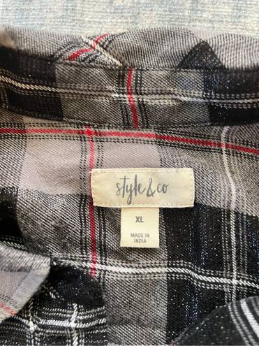 Style & Co Boyfriend Black Gray Red Plaid Sparkle Plaid Button Down Shirt XL