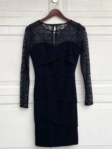 White House | Black Market Dress Sheath Black Tiered Lace Lace Sleeve Holiday Party Cocktail 6 WHBM Womens
