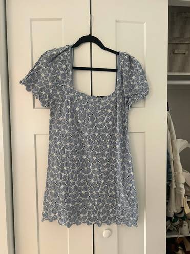 ZARA Light Blue and White Floral Eyelet Shift Mini Dress