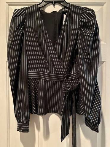 fab'rik NWT Fab’rik black with silver stripe wrap blouse 
Size S Puff long sleeve