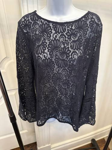 The Loft  Lace Long Bell Sleeve Top Blouse Navy Blue EUC