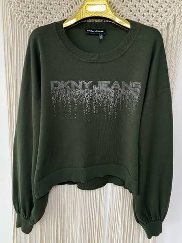 DKNY Y2K  Olive green Long Puff-Sleeve with Rhinestone pullover Sweatshirt Sweater