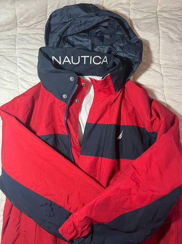 Nautica Vintage  Red/Navy Stripe Jacket w Logo on the Neck & Attached Hood