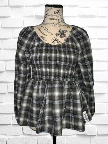 Tommy Hilfiger Tommy Jeans Womens Size Medium Plaid Peplum Smocked Top •Scoop Neck Long Sleeves