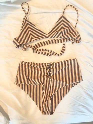 Rhythm striped brown and white high waisted bathing suit