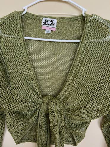 Green Long Sleeve Tie Front Crop Size L