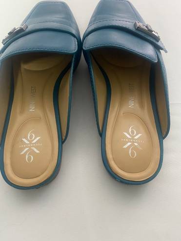 Nine West Women’s Square Toe Leather Buckle Mules Teal Blue Size 7M NWOT