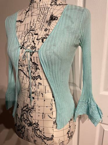 GUESS Jeans Vintage y2k Bolero Mint Ribbed Knit Flounce tie Sleeve Coquette Coastal Colorful Pastel Shrug Shawl Crop Cardigan ribbed summer fest western cottage