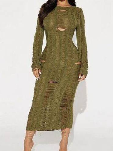 Micas NWT  Open Knit Long Sleeve Olive Green Maxi Dress Size Large Beachwear