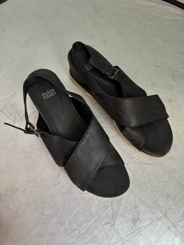 Eileen Fisher Woman’s Black Wedge Nubuck Leather Buckle Strappy Sandals, Sz 10