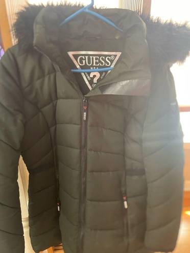 Guess Green Faux-Fur-Trim Hooded Puffer Coat sz L