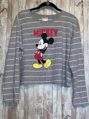 Disney Women's  Mickey Mouse Cropped Long Sleeve Gray Stripe Crop Top Shirt Large