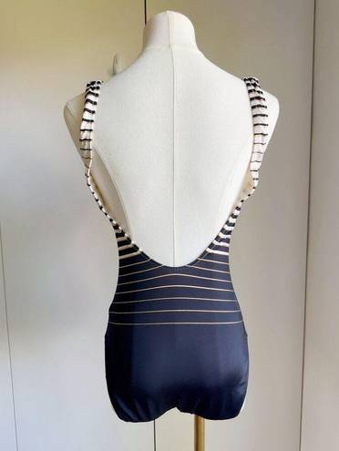 Gottex Vintage 80s  One Piece Swim Suit Striped Black Gold Cream Size 6/36