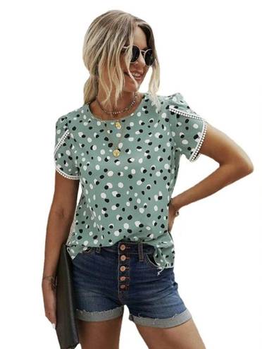 Petal NEW Sage Green Confetti Polka Lace Trim Short  Sleeve Blouse Size Large