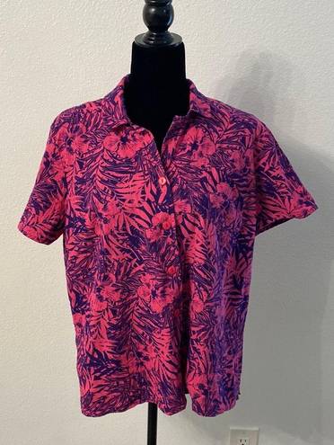 Basic Editions  Hot Pink & Purple Hibiscus Palm Leaves Floral Button Down Size XL