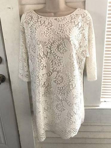 Badgley Mischka  white lace sheath dress 3/4 sleeve semi sheer