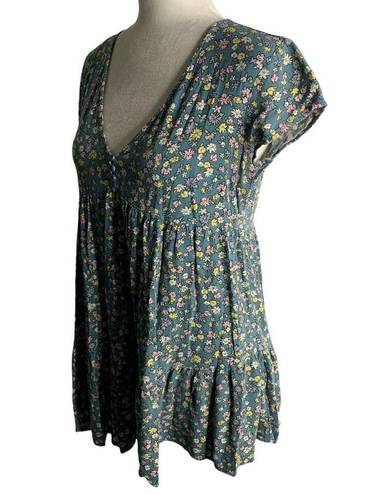 LA Hearts  Babydoll V Neck Top S Blue Floral Short Sleeves Buttons Layered