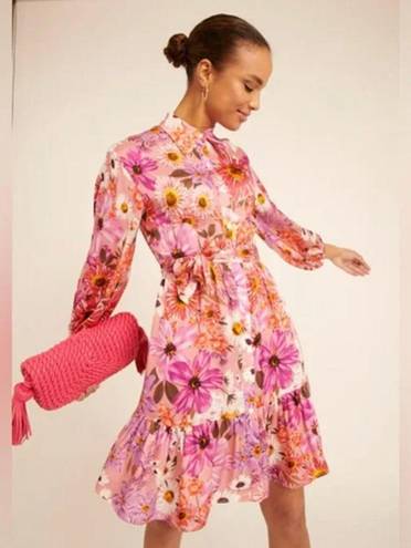 Rachel Parcell  Pink Botanical Floral Long-Sleeve Tiered Shirt Dress Size 12