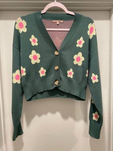 Daisy Bailey Rose Green Pink & Pale Yellow  Floral Cropped Cardigan Sweater - S