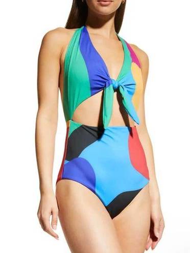 Mara Hoffman  Wisteria Maddy Colorblock One Piece Halter Plunge Swimsuit XXL