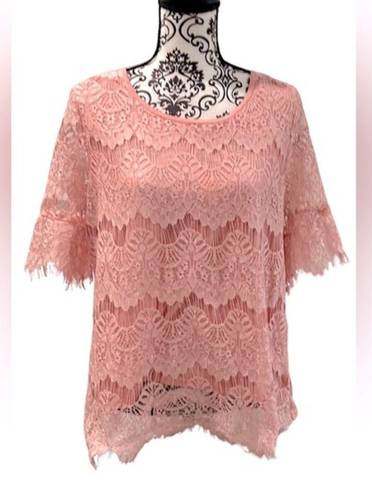 Absolutely Famous  💓LADIES XL💓PINK LACE TOP TUNIC SHORT SLEEVED SEMI SHEER