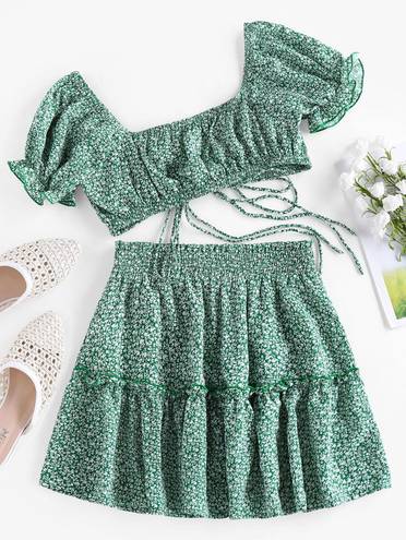 Zaful Sea Turtle Green Tiny Floral Print Tied Two Piece Dress sz S