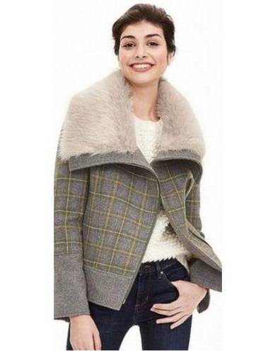 Banana Republic  Womens Faux Fur Coat Jacket Plaid Lined Zip Up Gray Yellow Small