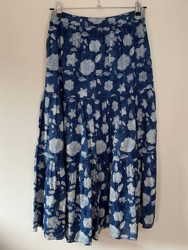 Rahi Pierre Floral Tiered High Rise Pleated Boho Cotton Maxi Skirt Blue Size L