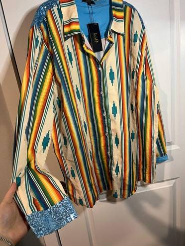 L&B NWT  Lucky & Blessed Southwestern Blue Sequined Long Sleeve Button Up Blouse