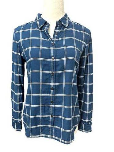 Draper James  Womens Button Up Shirt Blue Plaid Long Sleeve Cuff Round Hem 2