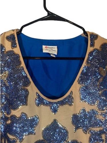 Tracy Reese  for Neiman Marcus Beige & Blue Sequin Floral Blouse Women Sz M
