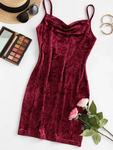 Zaful Cowl Front Velvet Mini Dress - Red Wine