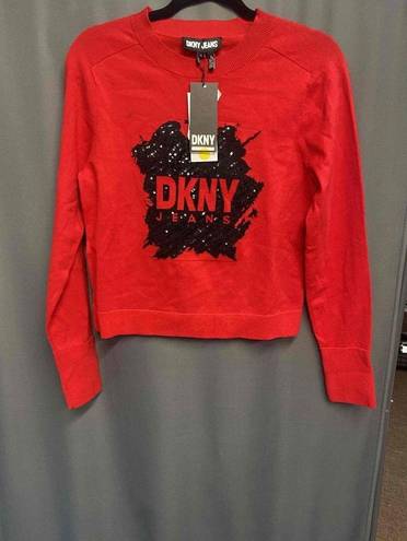 DKNY  Jeans Red Sequin Detail Crew Neck Sweater Womens Size Small b57