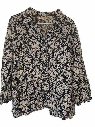 Brooks David  Womam Linen Blouse 2X Navy White Floral Vine Print 3/4 Sleeve